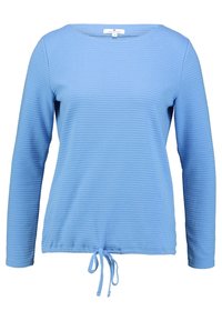 Helles blaues Langarmoberteil aus strukturiertem Stoff mit Rundhalsausschnitt und verstellbarem Kordelzug in der Taille für eine optimale Passform.