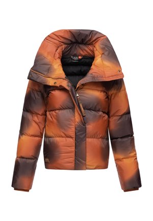 Doudoune en dégradé de teintes orange et marron, dotée d'un col montant, d'une fermeture éclair et de poignets élastiques. Design texturé et matelassé.