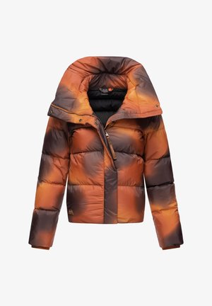 Pūkuotas šalikas gradiento atspalvių oranžinės ir rudos spalvos, su aukštu apykakle, užtrauktuku ir elastingomis rankovėmis. Tekstūruotas, siuvinėtas dizainas.