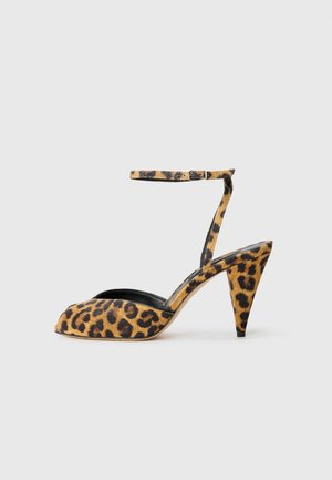 Leopard print high-heel shoe with an open toe, ankle strap, and a textured suede finish. Features a tapered cone heel and a black interior.