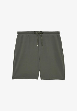 Tmavosivé krátke pletené nohavice s textúrou, s elastickým pásom a sťahovacou šnúrkou, plochým predným dielom a bočnými vreckami.