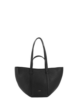 Black textured leather tote bag with two long handles, curved bottom, and small gold brand logo on front center.