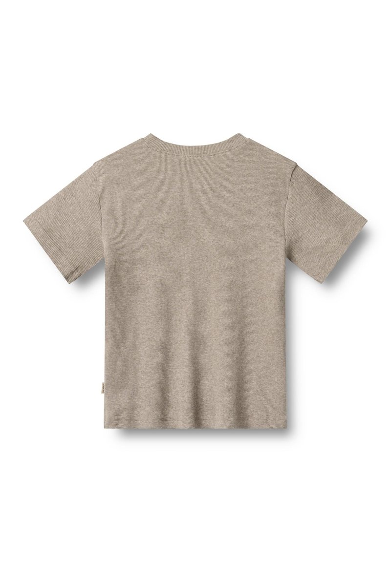 Khaki T-shirt met korte mouwen van zachte stof. Heeft een ribbelboordstijl en een rechte zoom. Geen zichtbare patronen of accenten.