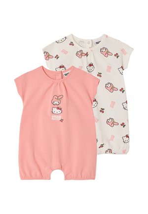 Two short-sleeve baby rompers, one pink with Hello Kitty and My Melody print, and one white with all-over Hello Kitty, My Melody, and cherry pattern.