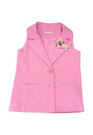 Blazer senza maniche di colore rosa realizzato in tessuto morbido, caratterizzato da una chiusura a bottoni frontale, due tasche a filetto e un'applicazione a forma di cane sul petto.