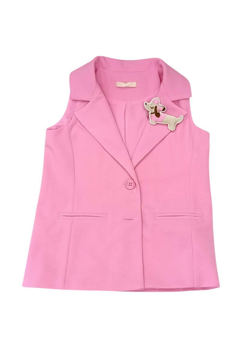 Blazer senza maniche di colore rosa realizzato in tessuto morbido, caratterizzato da una chiusura a bottoni frontale, due tasche a filetto e un'applicazione a forma di cane sul petto.