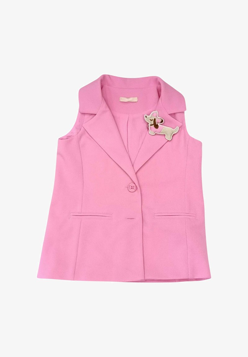 Blazer senza maniche di colore rosa realizzato in tessuto morbido, caratterizzato da una chiusura a bottoni frontale, due tasche a filetto e un'applicazione a forma di cane sul petto.