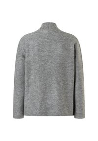 Grauer langärmeliger Strickpullover mit hohem Kragen sowie gerippten Bündchen und Saum, von hinten auf weißem Hintergrund abgebildet.