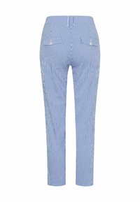 Pantalon à rayures verticales bleues et blanches avec deux poches à rabat à l'arrière, fermées par des boutons blancs, vu de dos.