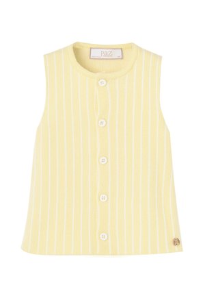 Gilet tricoté sans manches jaune avec des rayures blanches verticales et cinq boutons blancs sur le devant.
