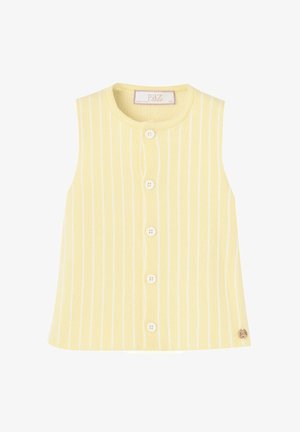 Gilet tricoté sans manches jaune avec des rayures blanches verticales et cinq boutons blancs sur le devant.