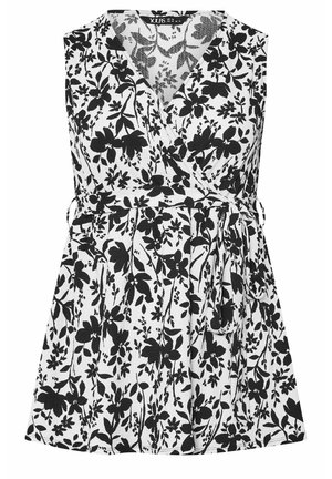 Schwarze blumige Wickelbluse auf weißem Hintergrund, mit V-Ausschnitt, ärmellosem Design und verstellbarem Bindegürtel.