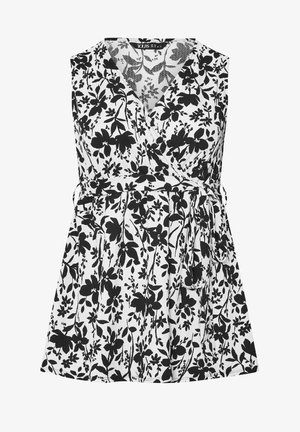 Schwarze blumige Wickelbluse auf weißem Hintergrund, mit V-Ausschnitt, ärmellosem Design und verstellbarem Bindegürtel.