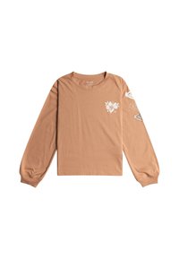 Dlhý rukáv, svetlohnedá bavlnená ko�šeľa s bielymi kvetinovými grafikami na hrudi a rukávoch, s rebrovanými manžetami a okrúhlym výstrihom.