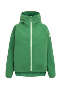Veste à capuche verte avec fermeture éclair frontale, manches longues, deux poches avant et écusson du logo de la marque sur la partie supérieure gauche de la manche.