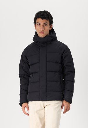 Black padded jacket with a hood, featuring a zip closure, diagonal stitching, and two side pockets. Smooth texture, casual fit.
