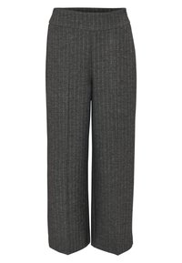 Pantalon large gris foncé avec un motif discret en chevrons et une taille élastique.