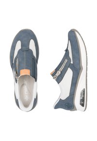 Blue suede athletic shoes with white mesh panels, featuring a side zipper and contrasting gray soles. Accented with a small orange tab.
