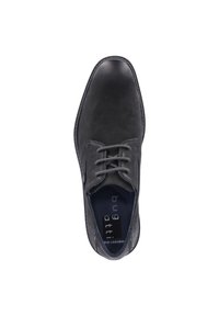 Scarpa da uomo in pelle nera con finitura liscia, punta tonda, cuciture a contrasto e lacci grigi. L'interno presenta una fodera blu navy con marchio.
