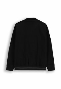 Czarna polarowa kurtka z wysokim kołnierzem, długimi rękawami i ściągaczami na mankietach. Prosty design, bez widocznych logo czy ozdób. Gładka faktura.