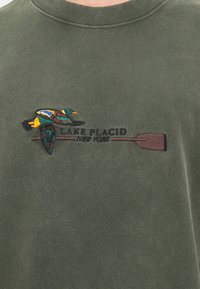 Olijfgroene sweatshirt met een geborduurd eendje en de tekst "LAKE PLACID NEW YORK" boven een peddel. Zachte textuur en een ontspannen pasvorm.