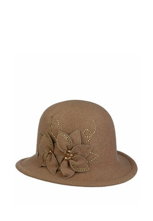 Brown felt cloche hat with rolled brim, decorated with fabric flowers and gold bead swirls on one side.