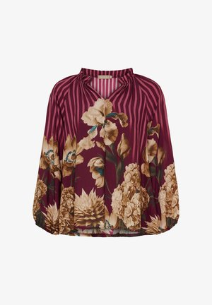 Blomstret bluse med burgunderbaggrund, prydet med mønstre af cremede og brune blomster. Letvægtigt stof, løs pasform og rynket halsudskæring.