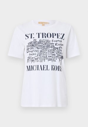Λευκό μπλουζάκι με μαύρο σκίτσο των κτιρίων του Αγίου Τροπέ και κείμενο "ST. TROPEZ", "French Riviera", "Profiter Soleil" και λογότυπο "MICHAEL KORS".