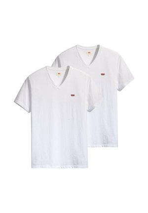 Two plain white V-neck T-shirts with short sleeves and small red Levi's logo on the left chest, shown against a white background.