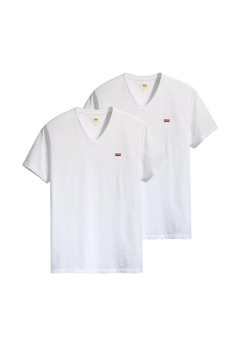Zwei schlichte weiße T-Shirts mit V-Ausschnitt, kurzen Ärmeln und kleinem roten Levi's-Logo auf der linken Brust, vor weißem Hintergrund gezeigt.