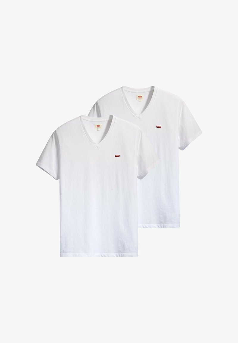 Zwei schlichte weiße T-Shirts mit V-Ausschnitt, kurzen Ärmeln und kleinem roten Levi's-Logo auf der linken Brust, vor weißem Hintergrund gezeigt.