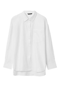 White button-up shirt with a classic collar, long sleeves, a chest pocket, and a relaxed fit. Smooth texture, no visible patterns.