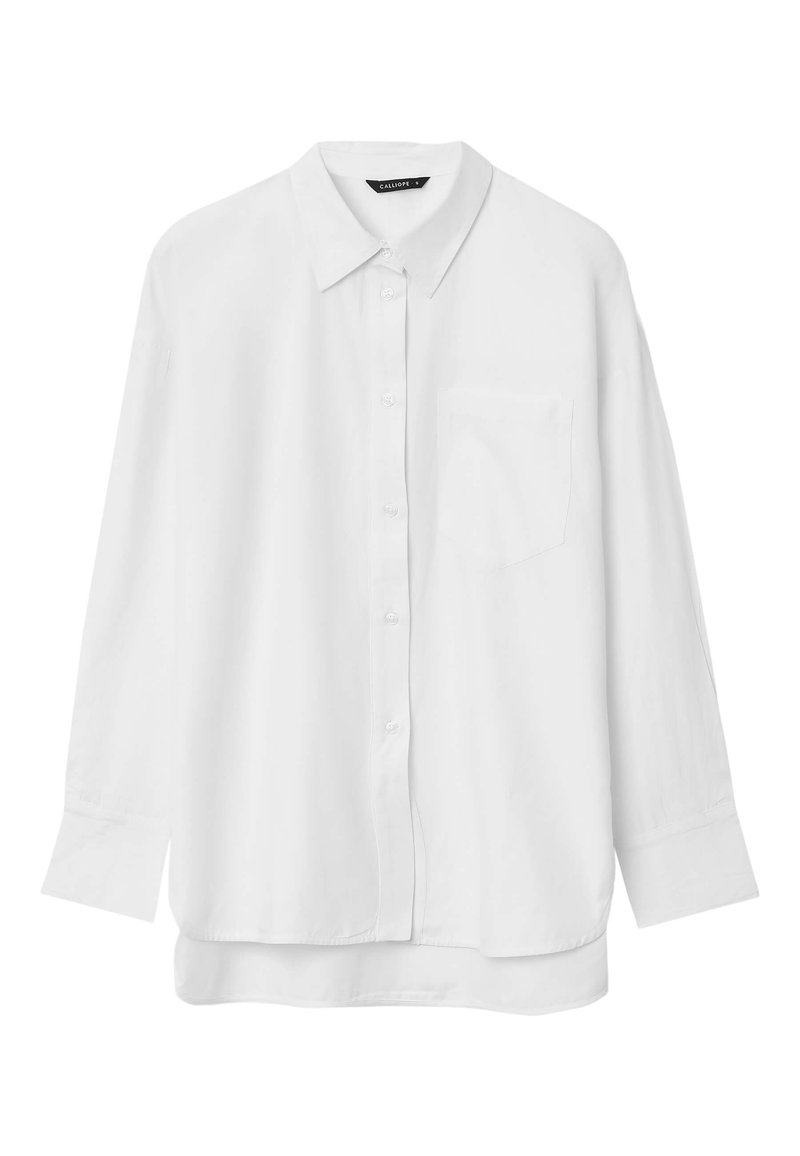 White button-up shirt with a classic collar, long sleeves, a chest pocket, and a relaxed fit. Smooth texture, no visible patterns.