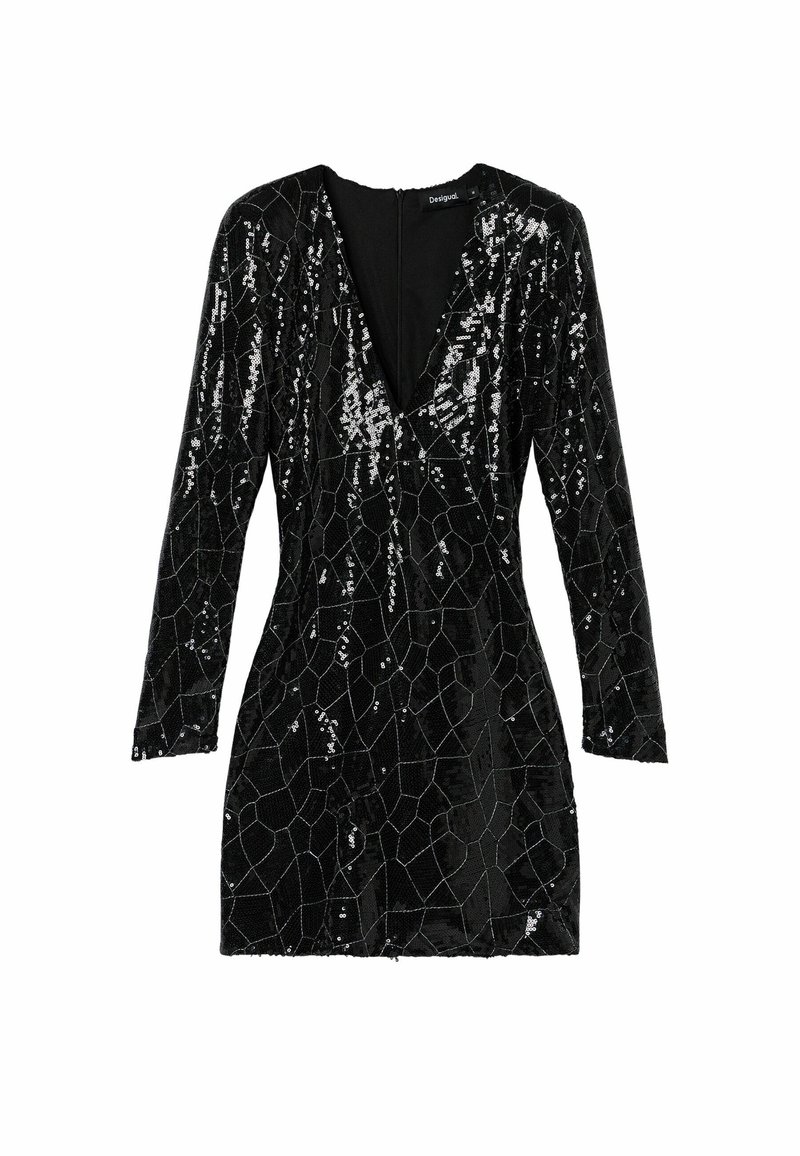 Schwarzes Paillettenkleid mit langen Ärmeln, V-Ausschnitt und taillierter Form. Das Muster zeigt ein geometrisches Design in glänzenden Pailletten auf strukturiertem Stoff.
