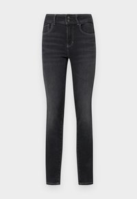 Jeans en denim noir avec une coupe slim, cinq poches, fermeture à bouton et à zip, et couture contrastante le long des coutures.