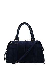 Sac en suède bleu marine avec anses doubles, bandoulière réglable et glands décoratifs sur les côtés. Caractéristiques en métal doré et coutures renforcées.