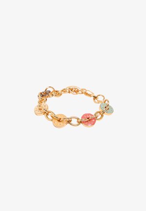 Gold-tone metal bracelet featuring linked chains and colorful circular charms in pink, blue, and gold with engraved accents.