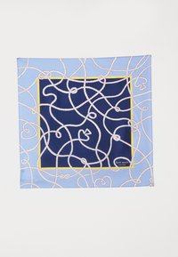 Navy blue silk scarf with white rope design and yellow border. Features intricate knot patterns, with logo in the bottom right corner.