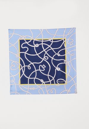 Navy blue silk scarf with white rope design and yellow border. Features intricate knot patterns, with logo in the bottom right corner.
