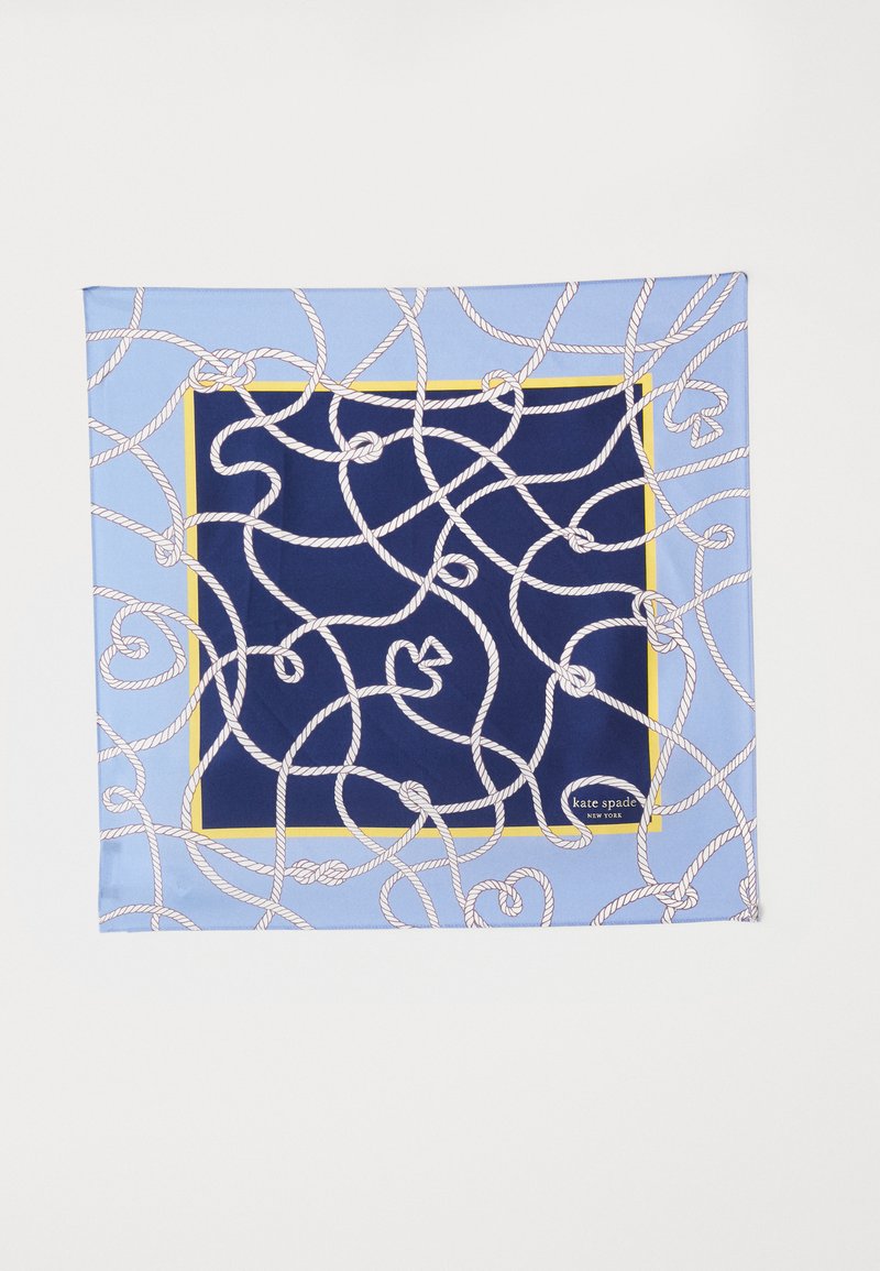 Navy blue silk scarf with white rope design and yellow border. Features intricate knot patterns, with logo in the bottom right corner.
