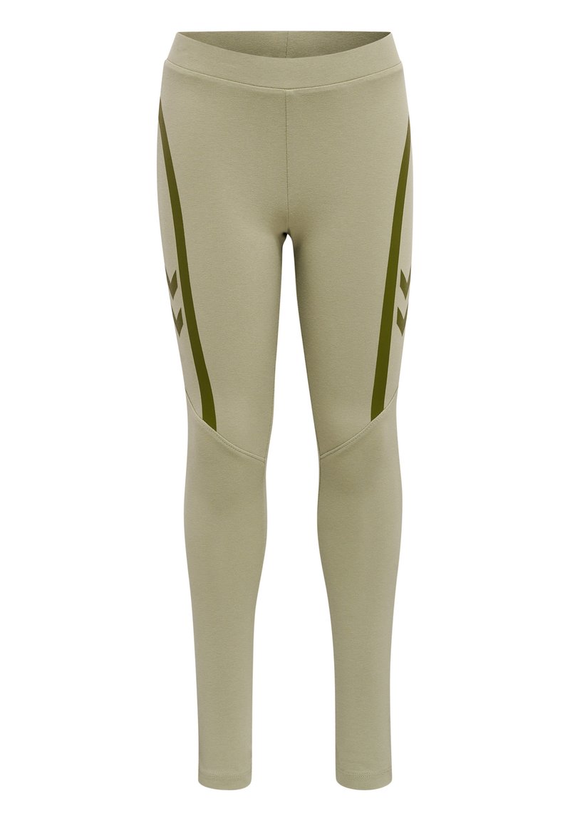 Licht olijfgroene leggings van rekbare stof, met zijstrepen in donkergroen en een aangesloten ontwerp met een gladde, matte afwerking.