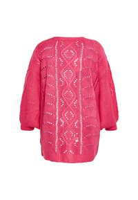 Rózsaszín kötött pulóver laza szabással, gyémántmintával és nyitott mintázattal. Hosszú ujjai és bordás mandzsettái teszik teljessé a designt.