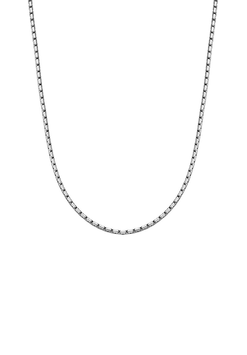 Ez egy ezüst lánc nyaklánc, amely sima, kerek gyűrű kialakítással rendelkezik, fényes felülettel és egyenletes hosszúsággal. Könnyű és rugalmas.