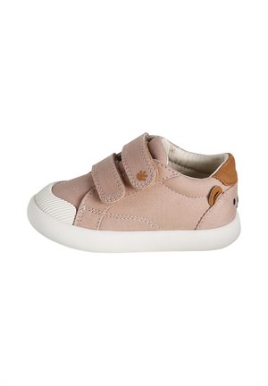 Pink toddler sneaker with two velcro straps, white rubber sole and toe, and brown heel accent, viewed from the side on white background.