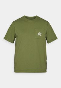 Green short-sleeve T-shirt with crew neck and small white script logo on the left chest pocket against a white background.