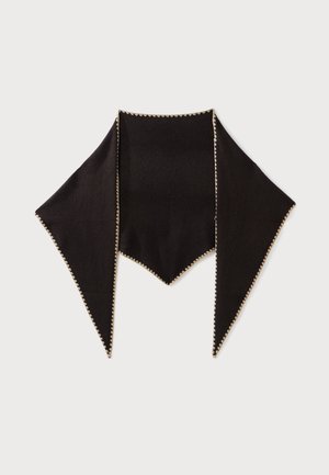 Dark brown triangular scarf with long pointed ends and light beige zigzag stitching along the edges on a plain background.