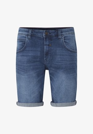 Bermudas de denim en un azul oscuro desgastado con un cierre de botón y bolsillos cosidos. Los dobladillos enrollados acentúan el borde para un look desenfadado.