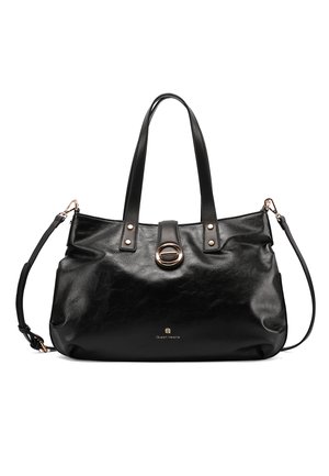 Borsa a mano in pelle nera con due manici superiori, una tracolla rimovibile e una chiusura circolare in ottone dorato sulla patta frontale.