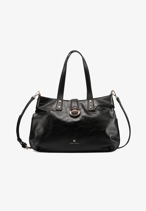 Borsa a mano in pelle nera con due manici superiori, una tracolla rimovibile e una chiusura circolare in ottone dorato sulla patta frontale.