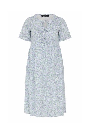 Robe midi à manches courtes avec motif floral violet clair, encolure ronde et détails noués sur le devant, sur fond blanc.